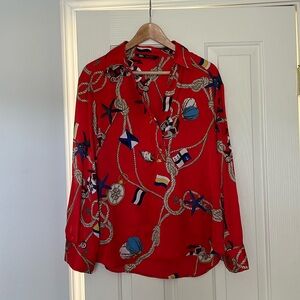 NWT Zara size L buttoned top long sleeves Nautical Print Gold Anchor Buttons